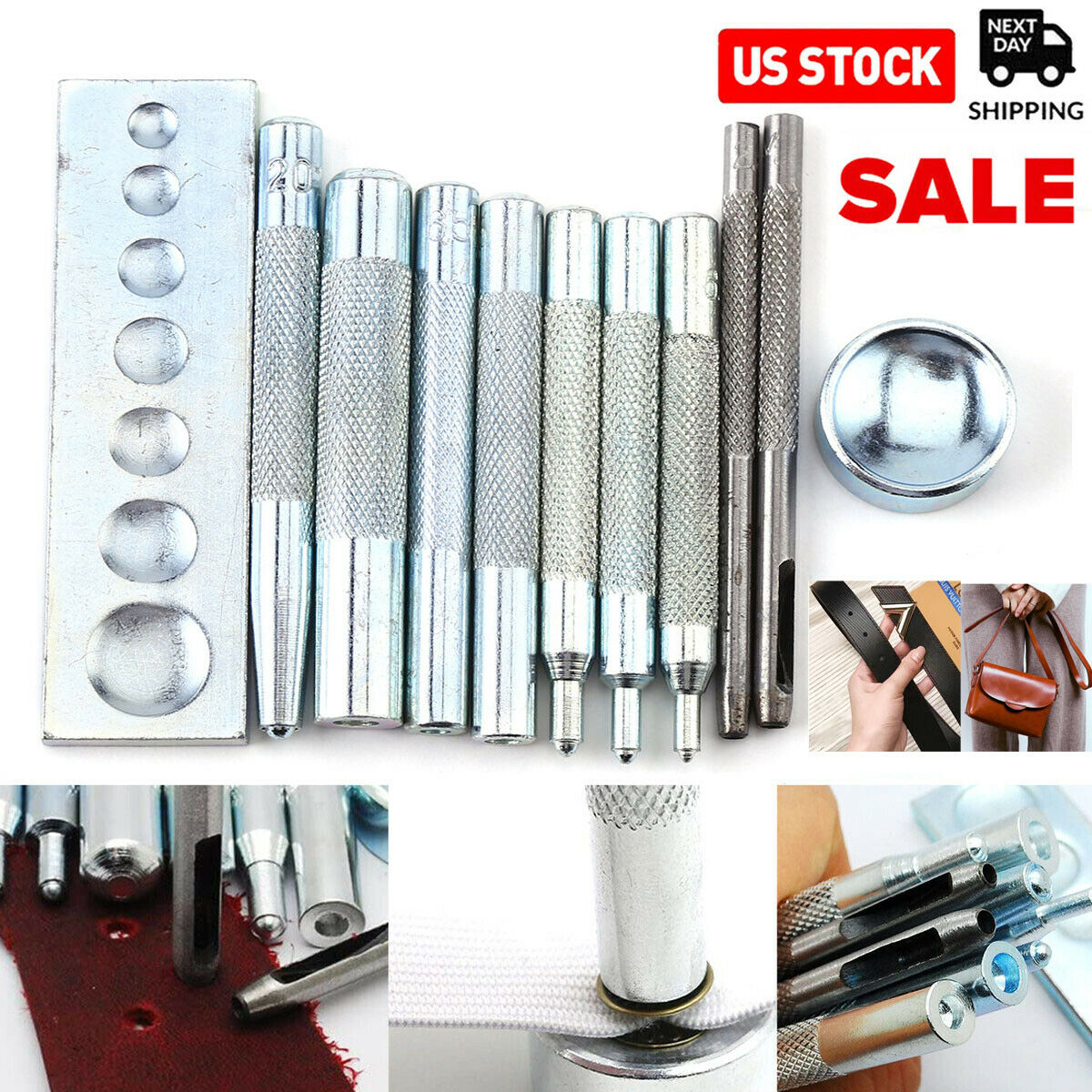 Set of 11 Craft Tool Die Punch Snap Rivet Setter Base Kit For DIY Leather Craft