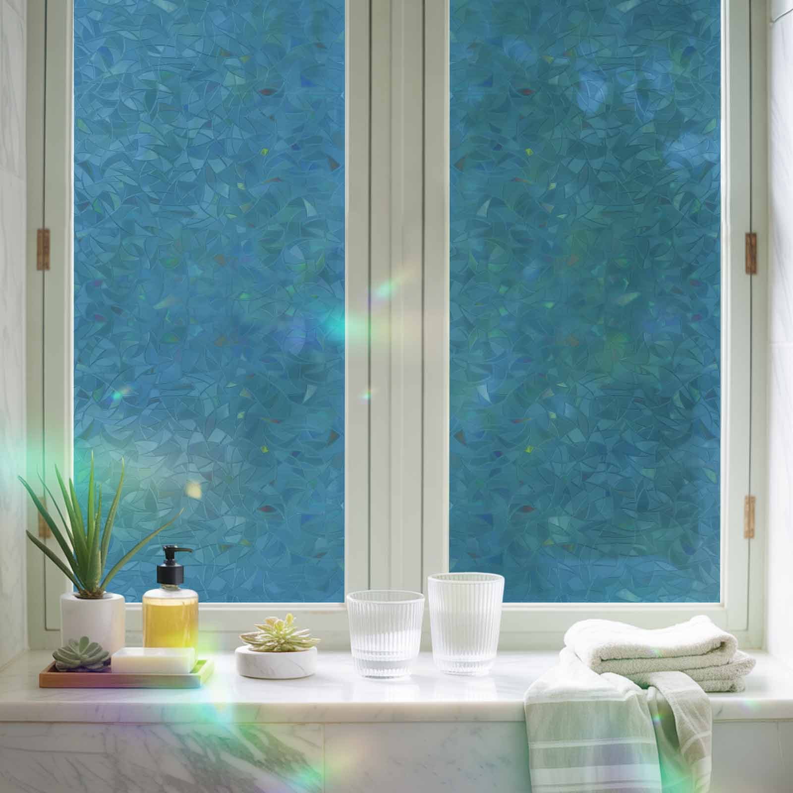 Blue Window Privacy Film Rainbow Static Cling Stain Glass Window Film for Glass Door, Decorative Heat Control UV Blocking Sunroof Decal Sticker for Car Bathroom Home 29.5"x118" Modern Pure Wave Ride