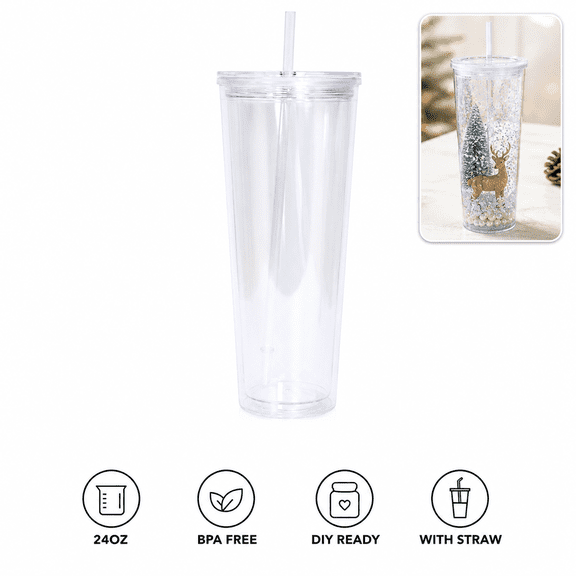 24oz Double Wall Acrylic Tumbler with Lid and Straw, Clear Plastic Cup with Pre-Drilled Bottom Hole for DIY