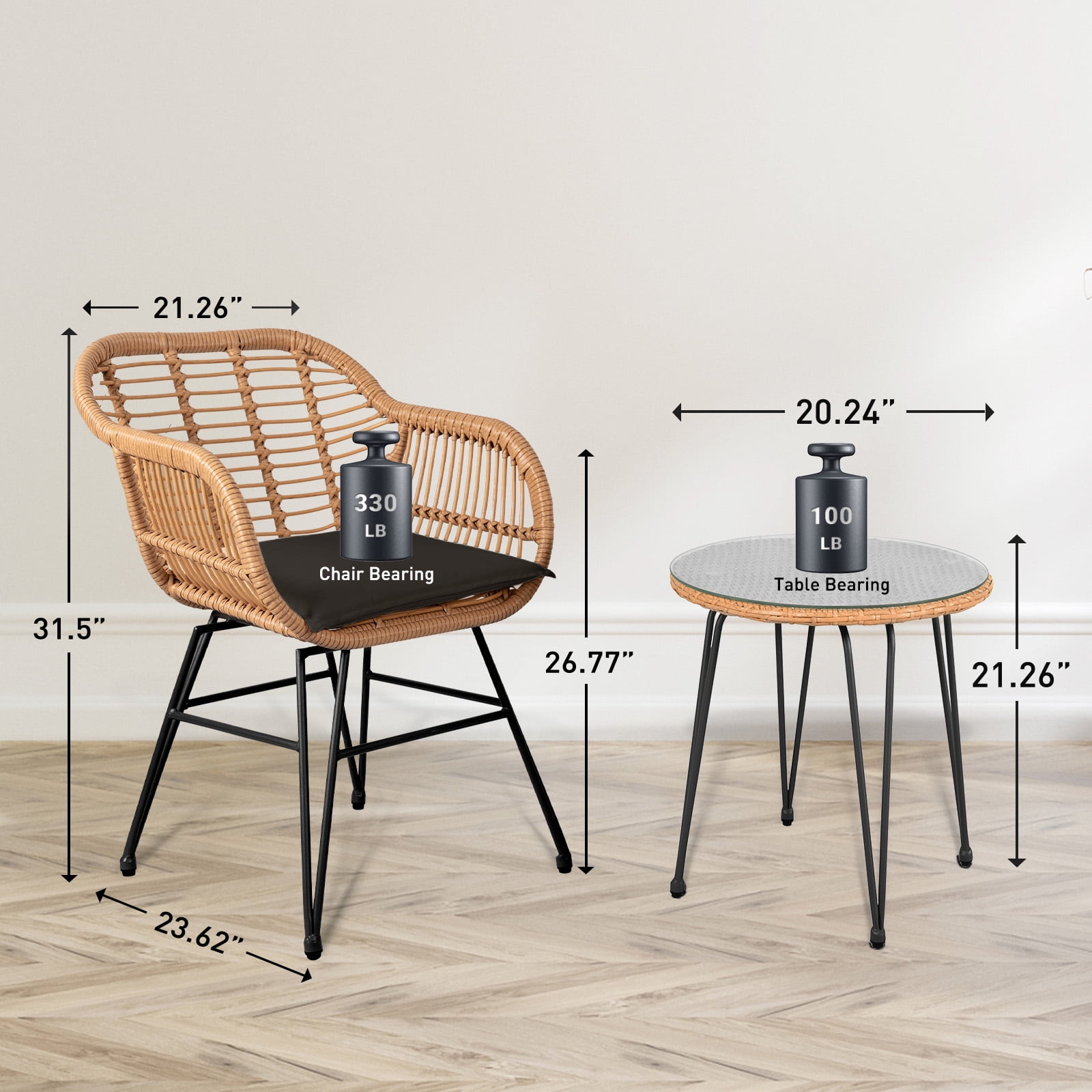 Tappio 3 Piece Outdoor Wicker Furniture Patio Bistro Set, PE Rattan Patio Chairs Set w/Table & Cushions, Modern Outdoor Patio Furniture for Porch Poolside Garden, Black