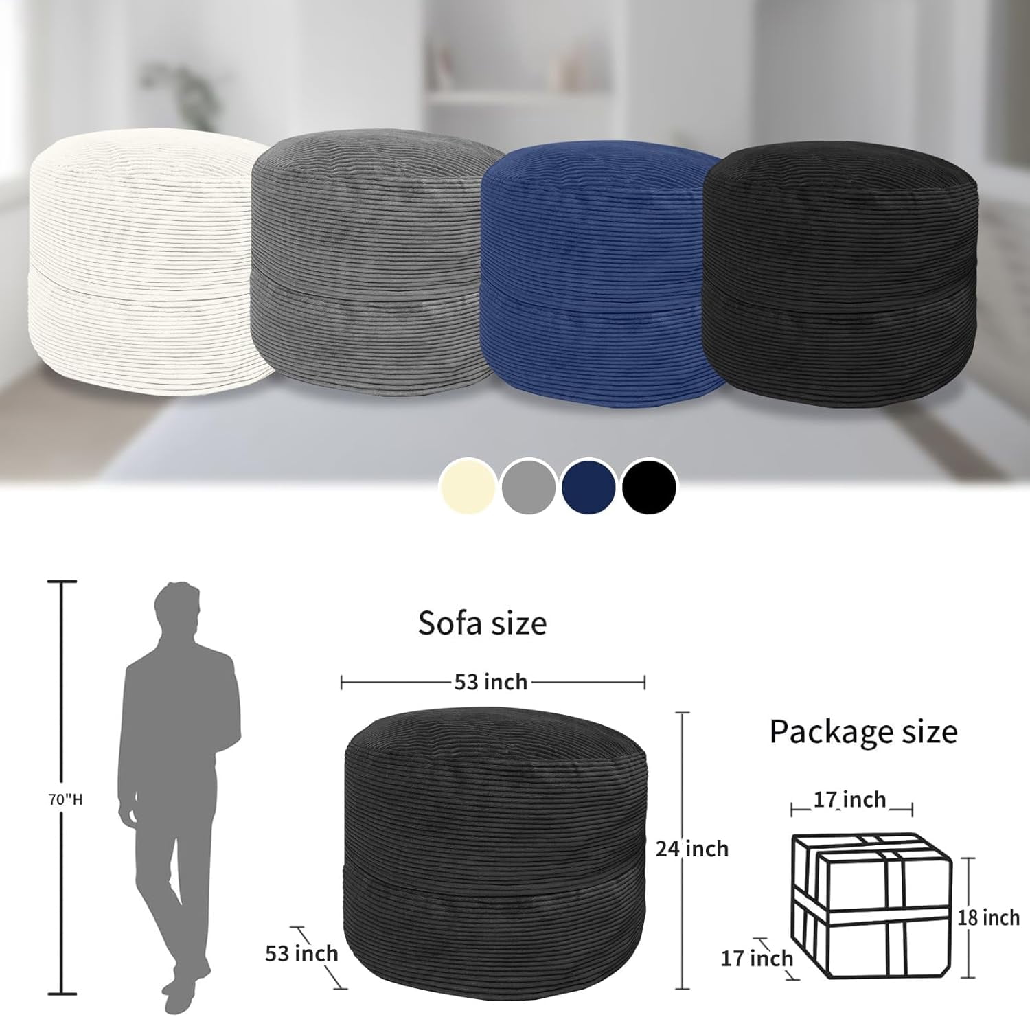 Bean Bag Chairs for Adults, 3FT Bean Bag Chairs with Plush Microfiber Removable Cover, Giant Bean Bag Chairs with Memory Foam Big Sofa Bean Bag Chairs for Reading, Gaming Cozy Chair, Black