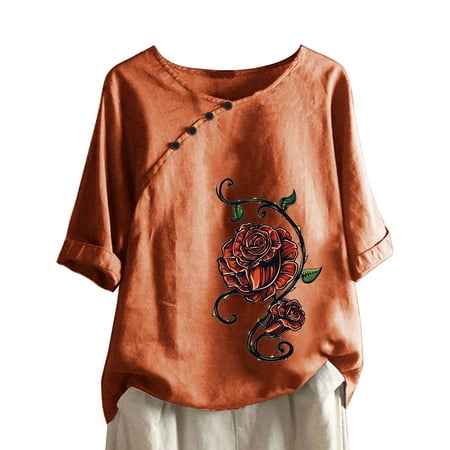 

kakina CMSX Plus Size Womens Tops Print Short Sleeve Loose Button Crewneck Shirt Solid Blouse Tops Blouse Pullover Shirts Orange XL