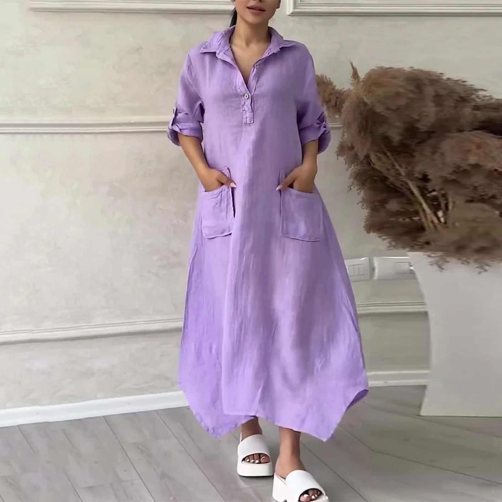 cfhntfmh Cotton Linen Dresses for Women Fall Casual Long Sleeve V Neck Button up Loose Flowy Maxi Dresses with Pockets