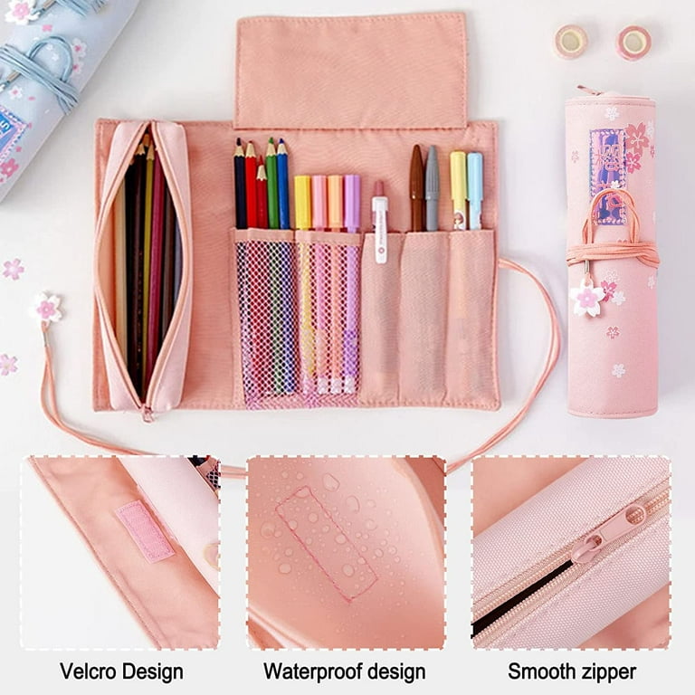 Large Capacity Pencil Case, Foldable Design Canvas Pencil Pouch with Velcro  Compartments