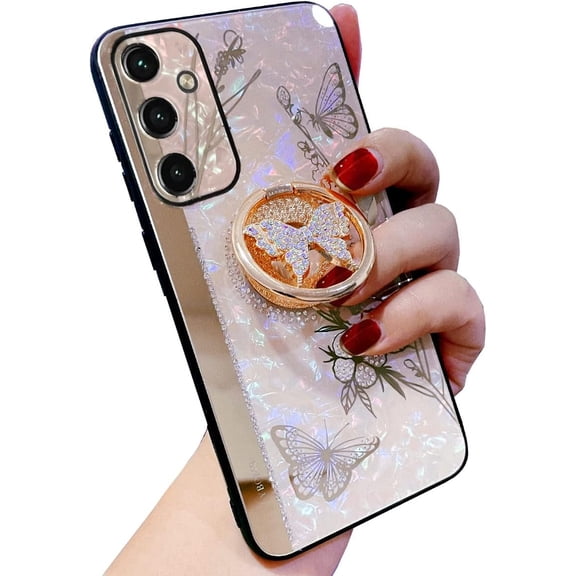 Samsung Galaxy A14 5G Case with Ring Holder Stand,Glitter Bling Shining Diamond Butterfly Shockproof Heavy Duty Rugged Case Cover for Girls & Women (Rose Gold)