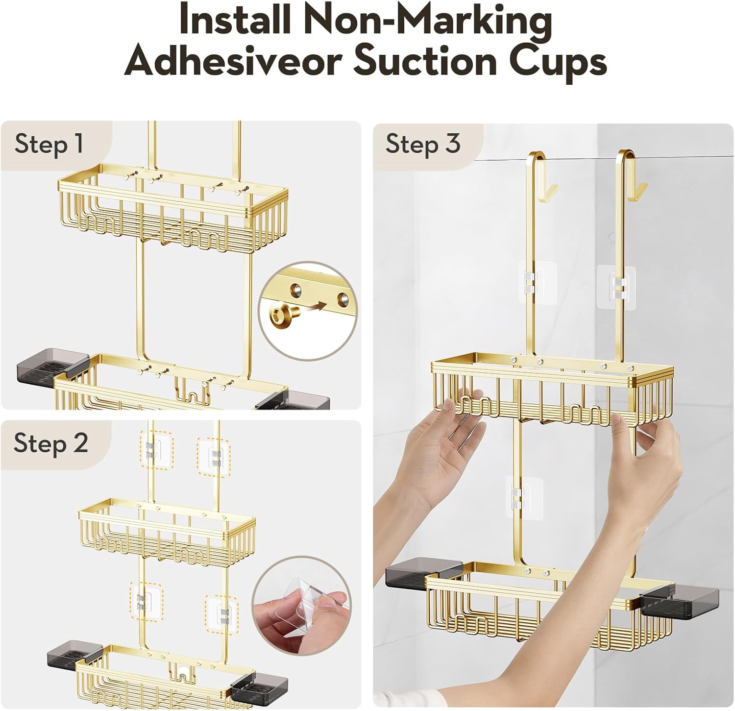 Over the Door Shower Caddy Hanging With Double Soap Holder Never Rust Hanging Shower Caddy With 4 Hooks Hanging Bathroom Organizer No Drilling Shelves for Bathroom Storage Gold