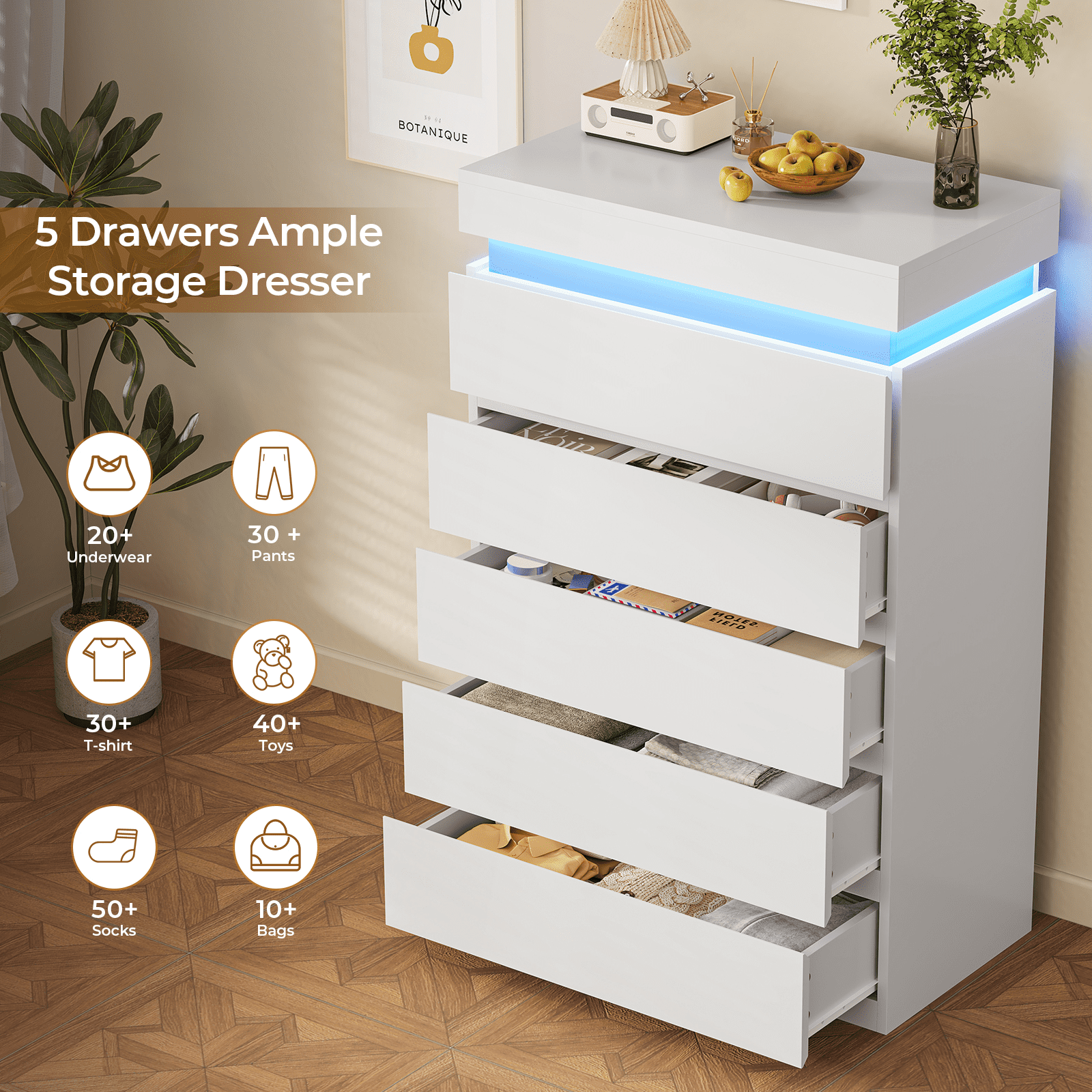 Modern 5 Drawer Dresser with LED Light, Chest of Drawers with LED Lights, Large Storage Tower Clothes Organizer, White Dresser for Bedroom, Living Room, Entryway, Hallway