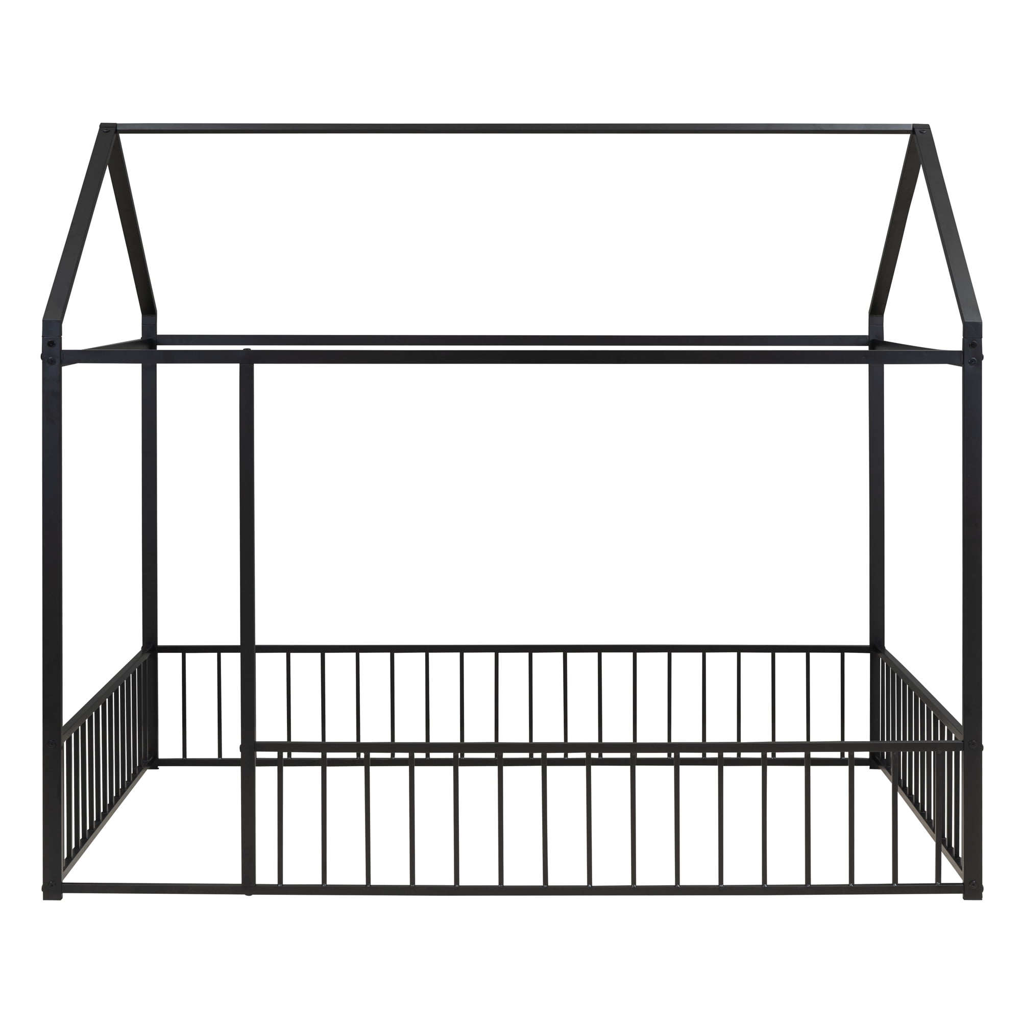 Gewnee Full Size Metal House Bed frame with Fence,Montessori Floor Bed for Toddler and Kids,Black