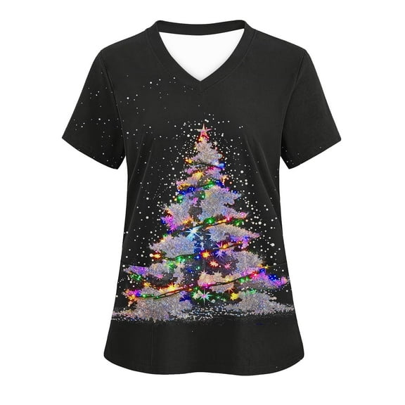 Feancey Working Uniform Shirts for Women Christmas Plus Size Scrub Tops Stretch Short Sleeve V Neck Nurse Medical Scrubs Holiday Casual Loose Tshirt with Pockets Multicolor L