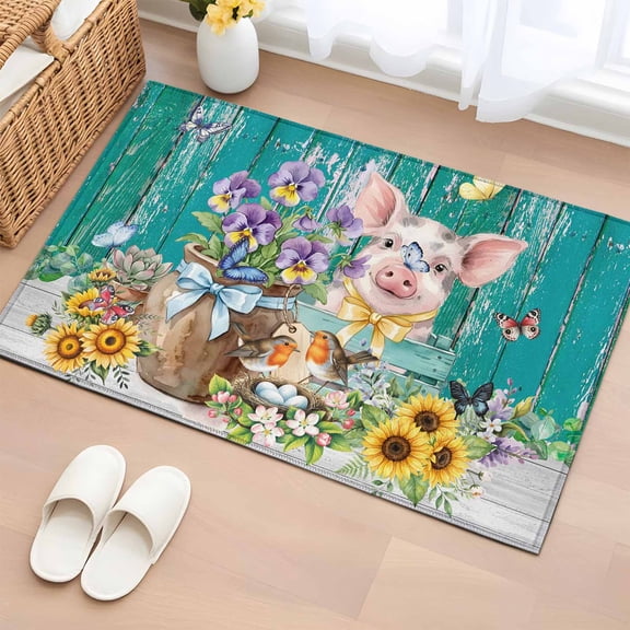 Rectangle Rug 2x3ft Area Rug, Farm Spring Flower Pig Butterfly Area Rugs for Living Room Bedroom, Rustic Retro Teal Wood Grain Floor Mat Non-Slip Non-Shedding Carpet Indoor Accent Rugs
