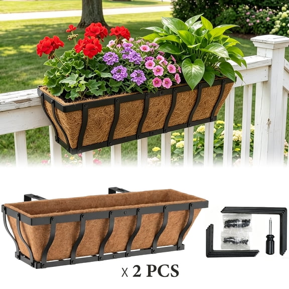 VOXOR Adjustable Metal Railing Planter Box with Coco Liner, 2 pack, 24 inch, Black