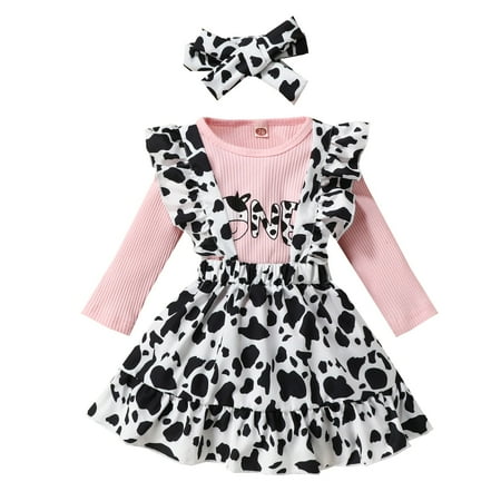 

LBECLEY Jumper Outfits for Teens Toddler Girls Short Sleeve Ribbed Tops Bodysuits Cow Print Bow Strap Romper Skirt Headbands Outfits Sunflower Baby Girl Dress Black 80