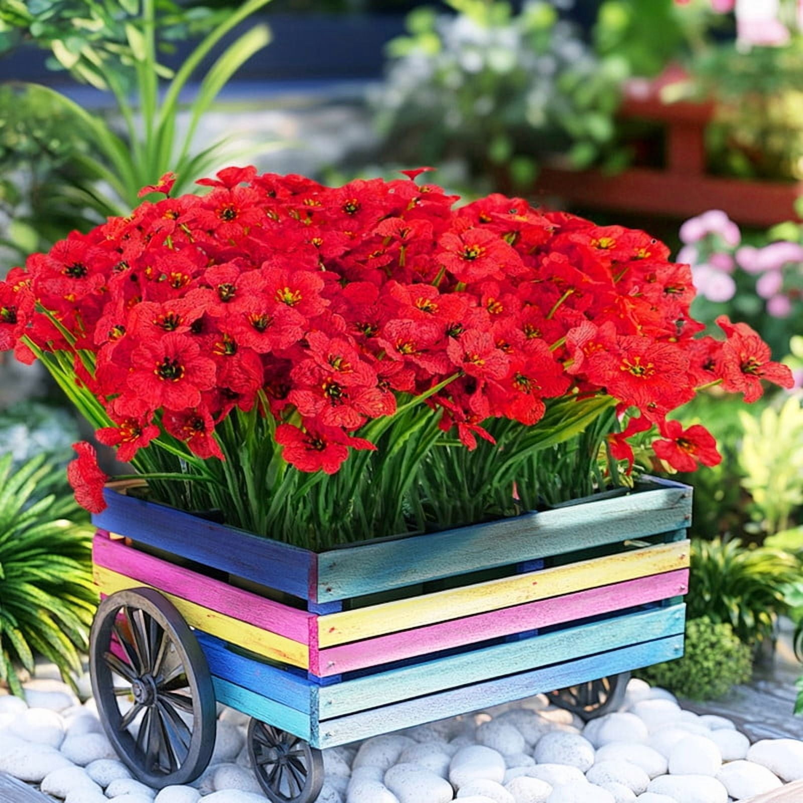 CADODIS 24 Bundles Artificial Flowers Outdoor No Fade Fake Plastic Flowers Outside Garden Porch Wedding Farmhouse Faux Plants Decoration Indoor Window Box Home Hanging Planters，RED