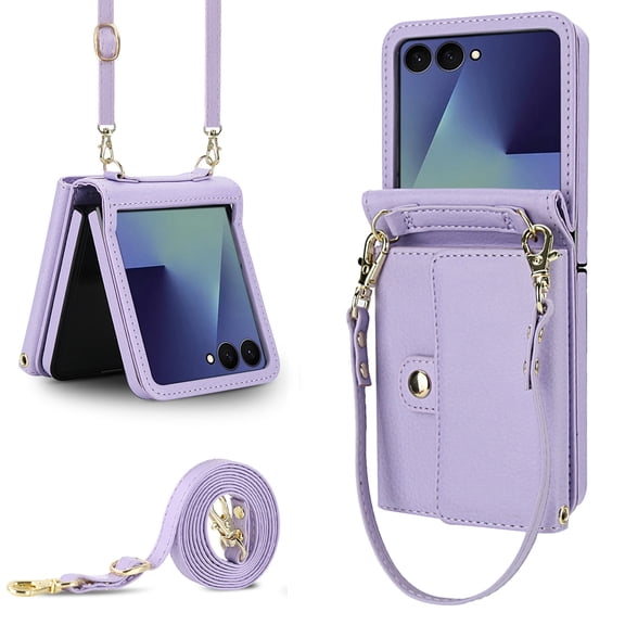 Mynvo Crossbody Wallet Case for Samsung Galaxy Z Flip 8, PU Leather Phone Cover with Card Holder and Adjustable Strap, Purple