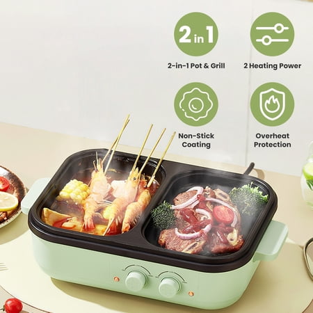 ZHICHUN 2-in-1 Electric Hot Pot & Grill Combo, Dual Independent Temperature Control, Non-Stick Die-Cast Aluminum, Overheat Protection, 1L Hot Pot 0.2L Grill, 110V Portable Cooker for 1-2 People