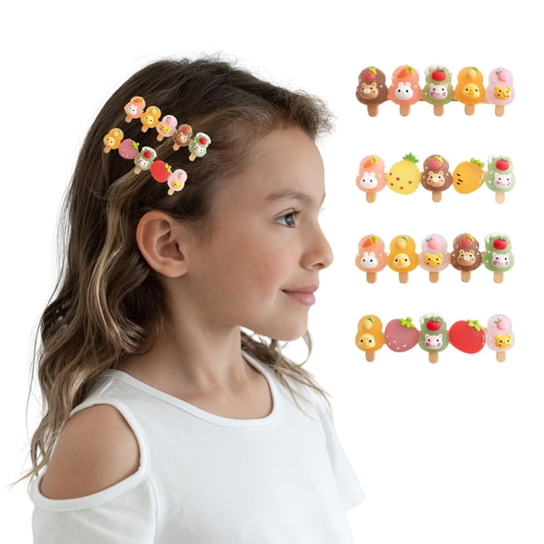 Pasador para el pelo con diseño de frutas y animales de cristal de verano para niñas, accesorios elegantes para el pelo para cumpleaños y fiestas diarias (4 unidades de frutas de paletas)