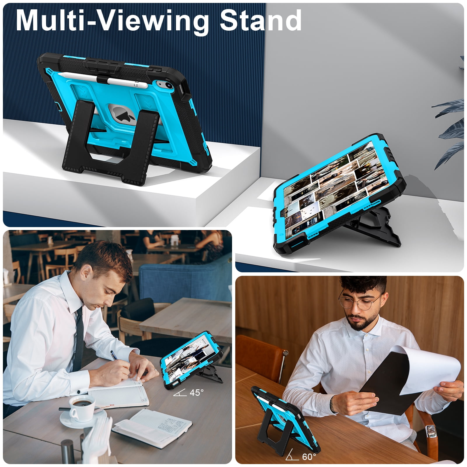 Allytechgroup Rugged Case for Apple iPad Mini 7th Gen / iPad Mini 6th Gen 8.3 Inch, Heavy Duty Protective Tablet Case with Kickstand, Pencil Holder & Detachable Shoulder Strap, Black+Blue