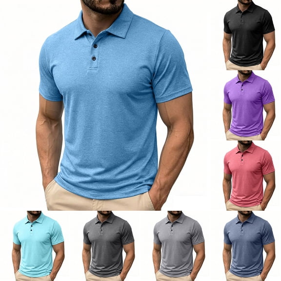 Men's Cotton Polo Shirts Short Sleeve Casual Quick Dry Summer T Shirts Classic Collared Golf Shirt Sky Blue