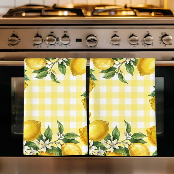 Yellow Lemon Kitchen Towels Set of 2, Summer Floral Fruit Leaves Botanical Grid Absorbent Dish Towels for Kitchen, Microfiber Hand Towel, Quick Drying Tea Towel for Cleaning Decorative Dishcloths