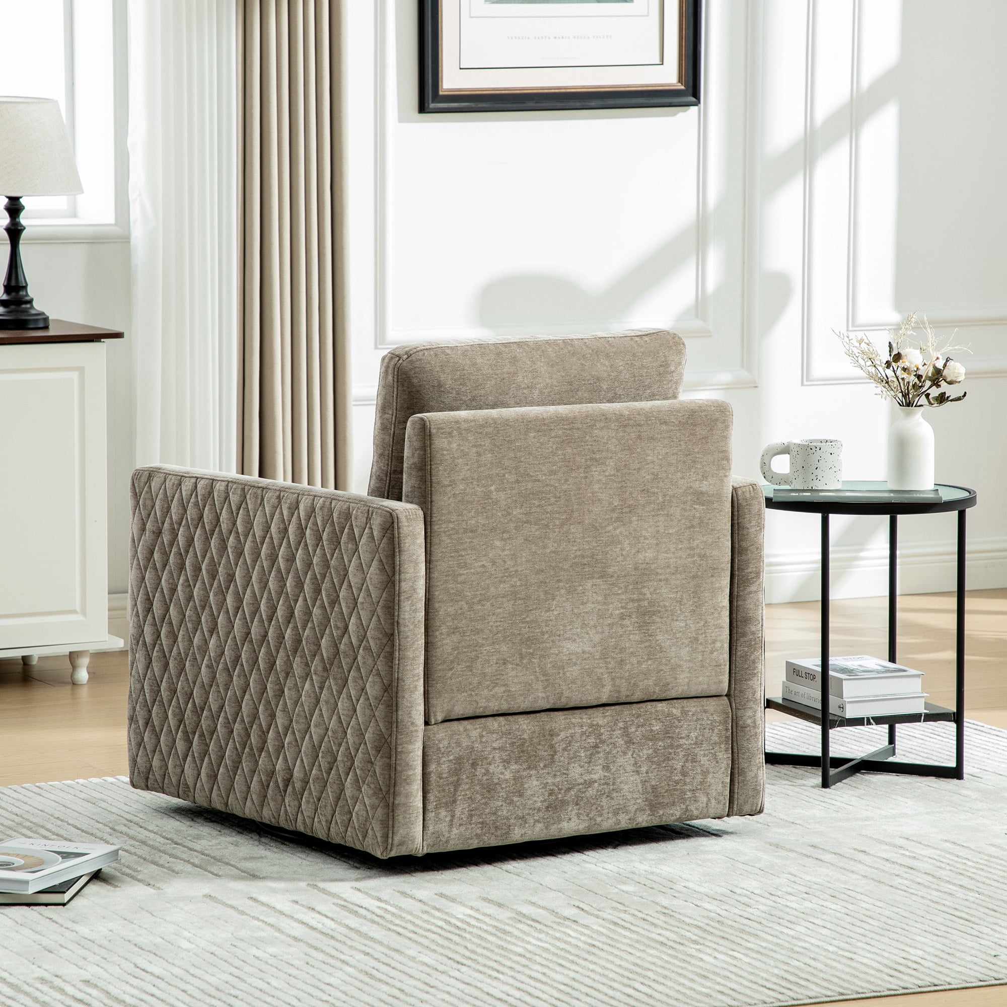 Leumius 360° Swivel Armchair with Hidden Storage, Comfy Diamond-Shape Tufted Armrests Accent Square Club Chair Single Sofa with Pillow for Living Room Bedroom Reading Nook Taupe