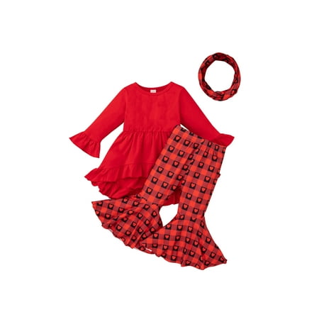 

Canrulo Toddler Baby Girls Valentine s DayOutfits Long Sleeve Ruffle Dress Top Flared Pants Scarf Clothes Red 12-18 Months