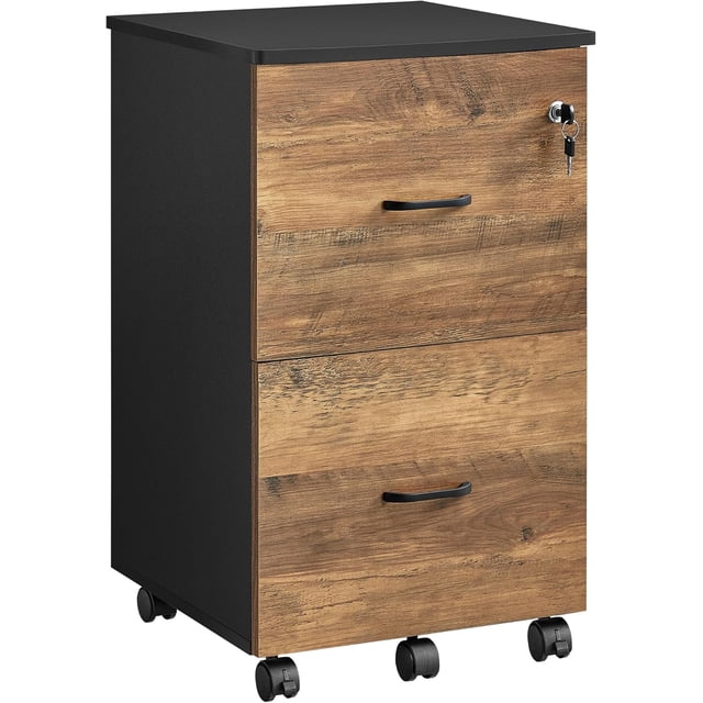 VASAGLE Armario Archivador de 2 Cajones, Archivador de Oficina con Cerradura, Soporte para Impresora, Marrón Miel y Negro Tinta