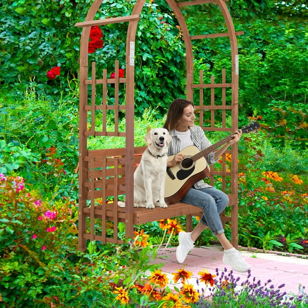 81.5 Outdoor Arbor Trellis with Bench Modern Multi Function Wooden Garden Bench Arch Pergola with Backrest Trellis Pergola for Climbing Plant Garden Lawn Backyard Patio Decor Dark Brown Walmart Busine...
