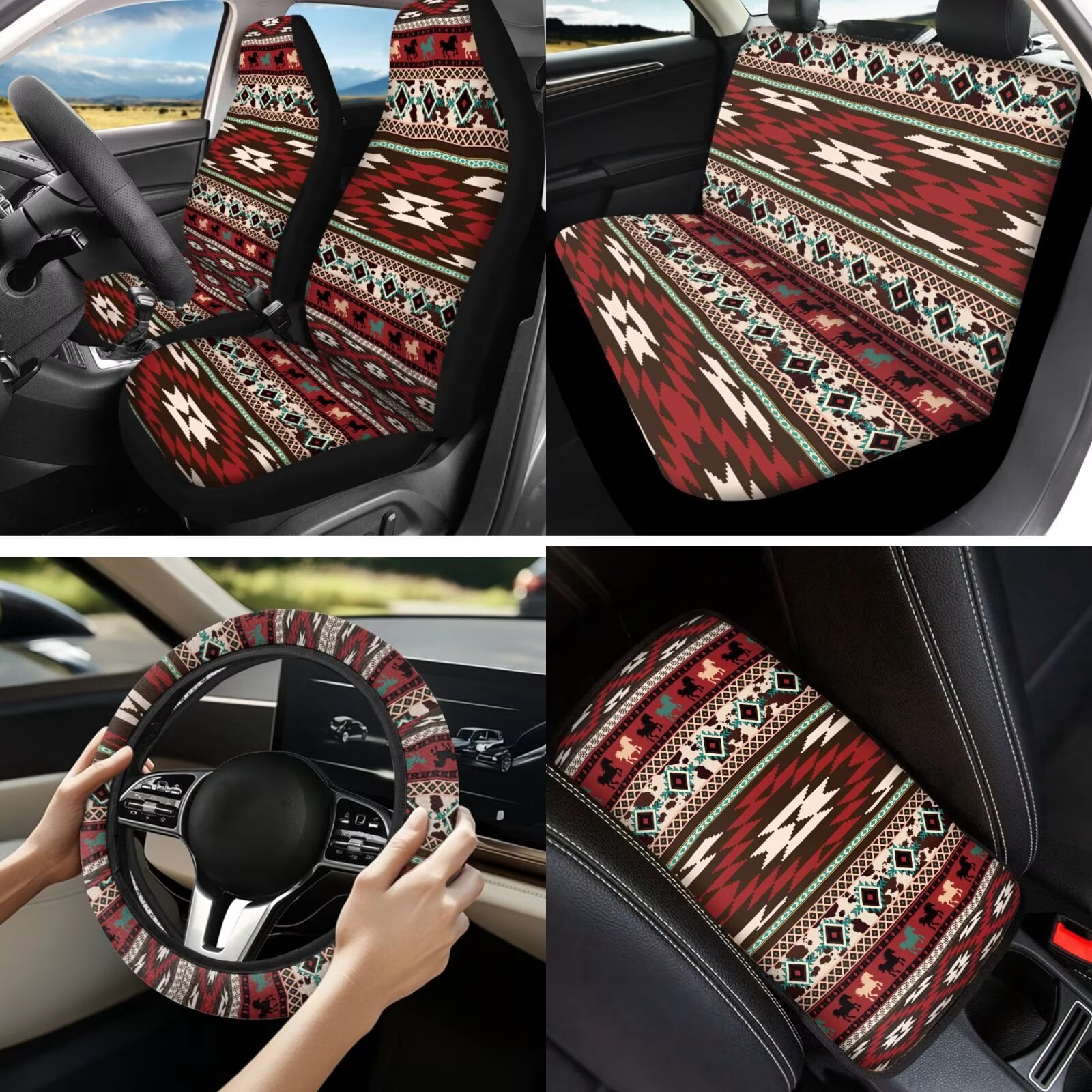 Garronmavis Aztec Car Front and Rear Seat Covers a Full Set of 13 Car Decorations Includes Keychain Lipstick Cover Steering Wheel Cover Seat Belt Cover Armrest Pad