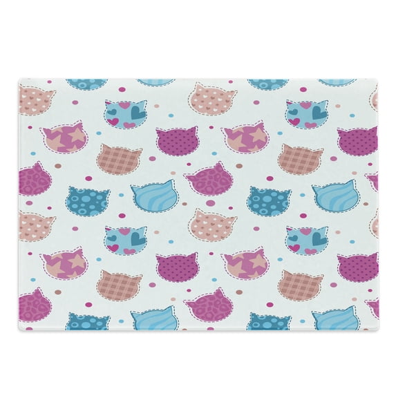 Feminine Cutting Board, Cat Heads Silhouettes with Stars Dots and Stripes Checked Patterns Patchwork, Decorative Tempered Glass Cutting and Serving Board, Large Size, Fuchsia and Blue, by Ambesonne