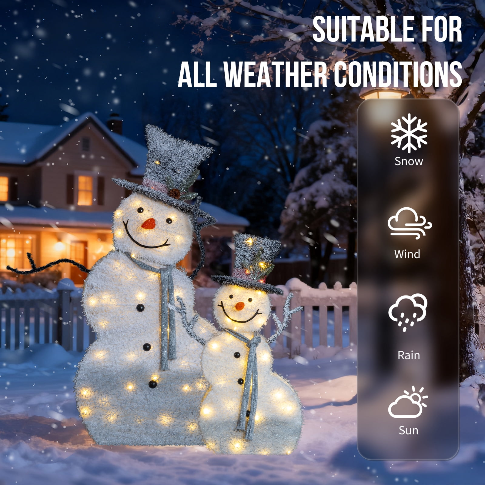 Set of 2 Lighted Snowman with Top Hat Christmas Decorations, Pre-lit 2D Holiday Decor with Warm White LED Lights for Indoor Outdoor Display
