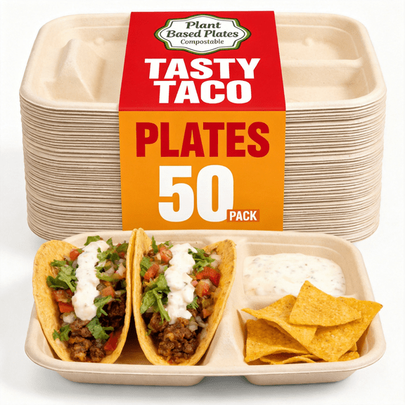 50Pack Disposable Taco Plates for 2 Tacos & 2 Sides – Premium Paper Plates with Integrated Dividers, Ideal for Taco Bars, Fiesta-Themed Events, and Weekly Taco Tuesday Gatherings