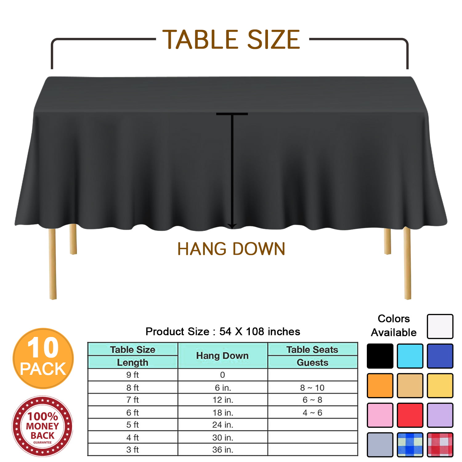JINLE 6 Pack Disposable Tablecloths Plastic Rectangle Table Covers 54 x 108 Inch Table Cloths for Indoor or Outdoor Parties Birthdays Weddings Picnics Black 