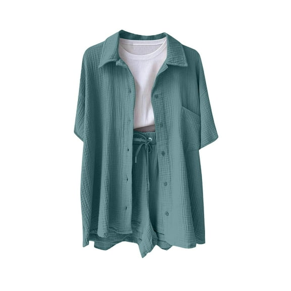 abtuhar Summer Outfits for Women,Women's Summer Outfits,Women's 2 Piece Color-blocking V-Neck Outfit Sets High Low Shirt and Drawstring Casual Shorts Set Blue