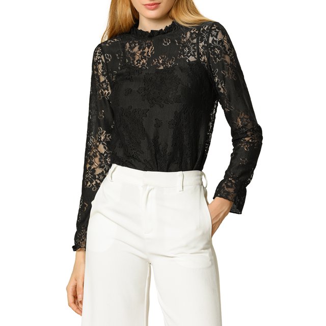 INSPIRE CHIC Women's Crochet Lace See Through Floral Ruffle Neck Blouse Black M