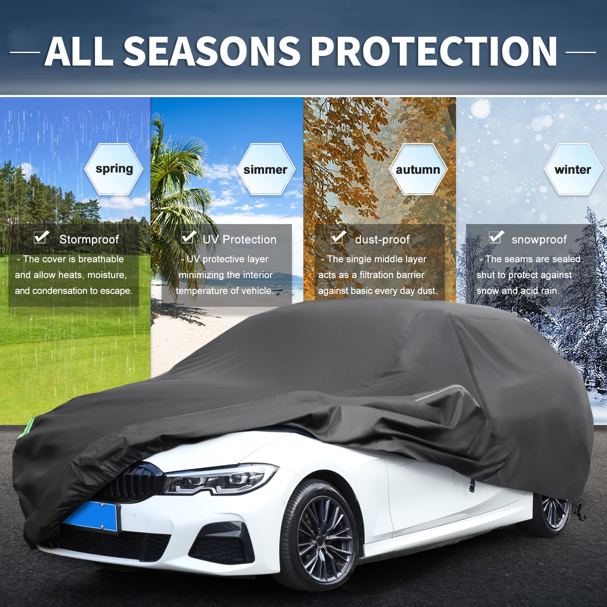Unique Bargains 1Pc Car Cover 210D-PU Universal Black 185.04"×57.09"×47.24"