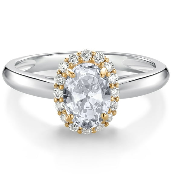 Gem Stone King 925 Sterling Silver and 10k Yellow Gold White Topaz and Lab Grown Diamond Halo Engagement Ring for Women (1.13 Cttw, Gemstone November Birthstone, Oval 7X5MM, Size 5)