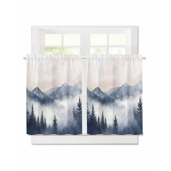 Mountain Landscape Peak Short Blackout Curtains 36 Inch Long Forest Tree Silhouette Rod Pocket Kitchen Curtains, 2 Panels Thermal Insulated Room Darkening Drapes for Bedroom, 30"W x 36"L