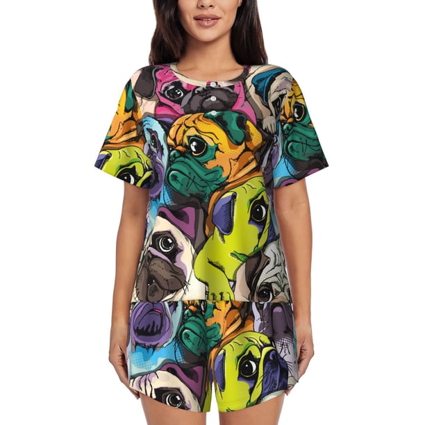 Fotbe Colorful Pug Conjunto de Pijama Estampado para Mujer, 2 Piezas, Ropa de Dormir con Camiseta de Manga Corta y Shorts Suaves-4X-Large