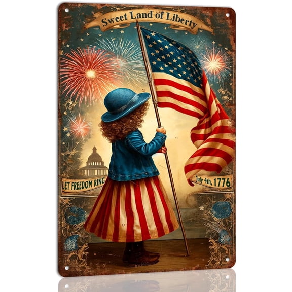 Patriotic Metal Tin Sign Vintage Farmhouse Wall Decor Sweet Land of Liberty Memorial Day 4th of July Poster 8 x 12 Inch