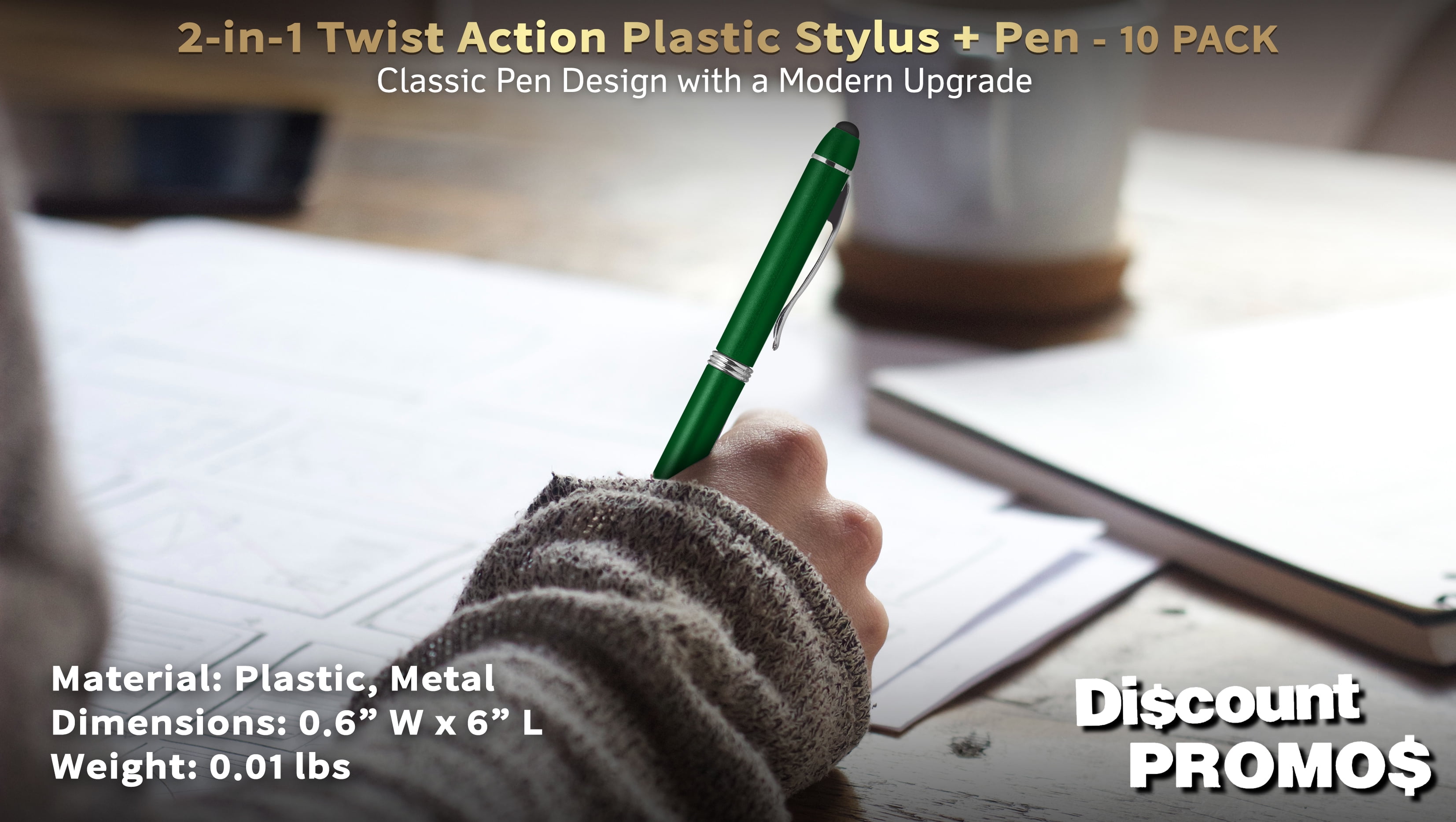 10 Twist Action Plastic Stylus Pens Pack - Metallic Barrel, Black Ink - Green