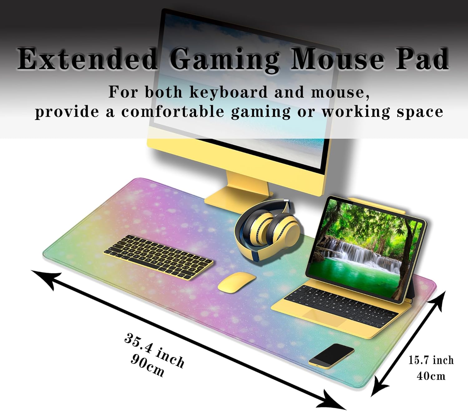 Large Mouse Pad Pink Gaming Mouse Pads Desk Mat for Women Computer Desk Pads Desk Pad Mat Non-Slip Rubber Base 35.4 X 15.7 for Game Office, Shiny Colorful Rainbow Background
