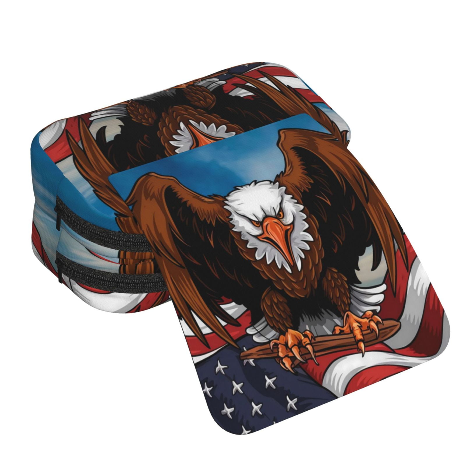 Rateoe Cartoon Bald Eagle USA Pattern Double Clamshell Pen Case, Storage Organizer with Two Zipper Compartments– Holds Up to 50 Pencils & Pens