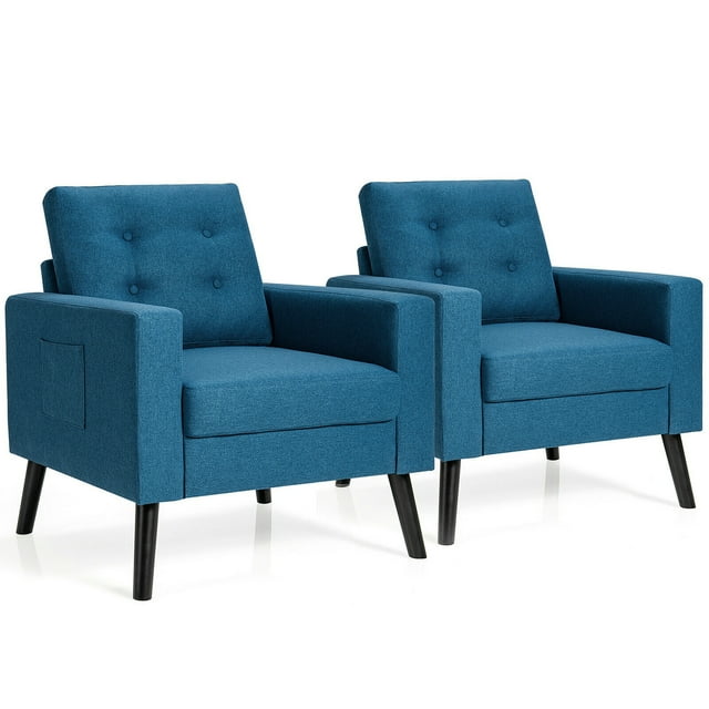 Gymax Set of 2 Upholstered Accent Chair Single Sofa Armchair w/ Wooden Legs Navy