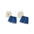 thumbnail image 2 of BemeyourBBs Toddler Baby Girls Summer Clothes Infant Baby Girl Denim Outfit Cute Bee Cake Ice Cream Floral Embroidery Ribbed Tank Vest Tops with Pockets Rolled Jeans Denim Shorts 2Pcs Set, 2 of 8