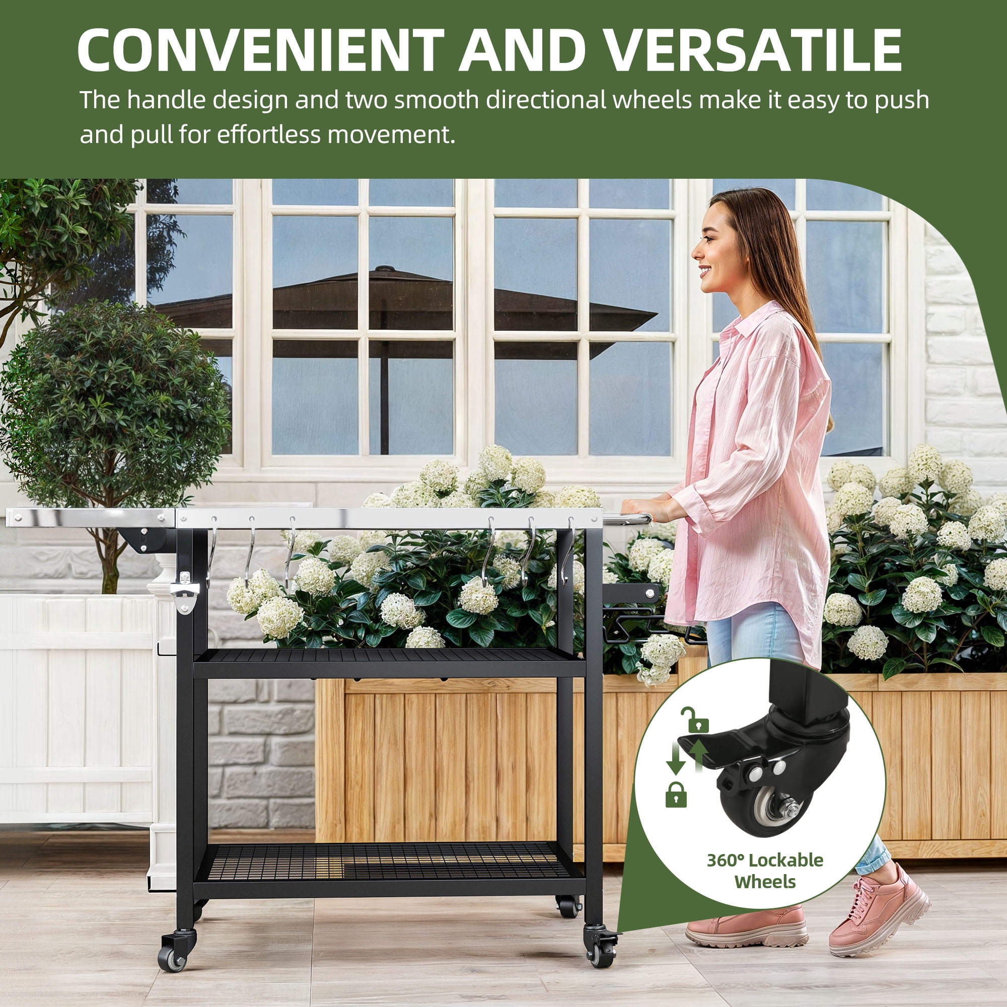 Uforic Rolling Outdoor Grill Table with Wheels, 3-Shelf Pizza Oven Cart and Folding Extension Board