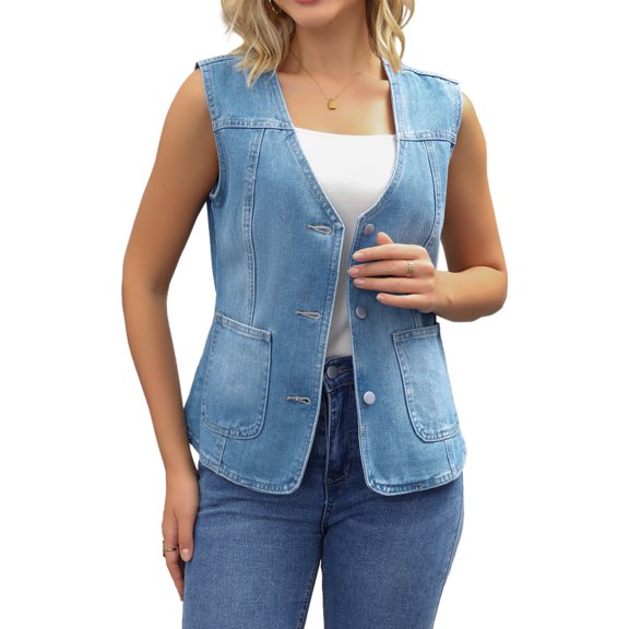 DARING DIVA Women's V Neck Patch Pockets Button Down Sleeveless Jacket S Blue