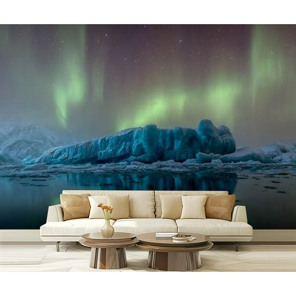 Peel and Stick Wallpaper northern lights Jokulsarlon glacial river lagoon Modern Art Wall Mural Decor Self Adhesive and Removable 69in x 98in