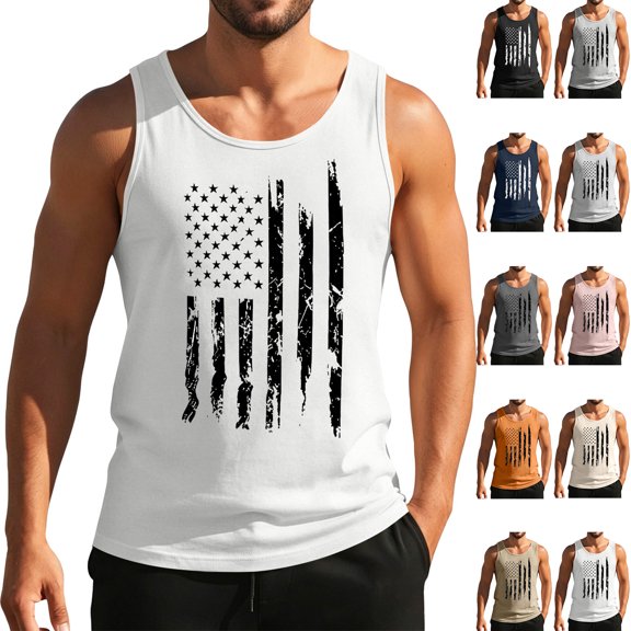 Men's USA Flag Muscle Tank Top with Distressed Print and Sleeveless Design Featuring Rugged Vintage Style for 4th of July Celebrations Memorial Day Beige L