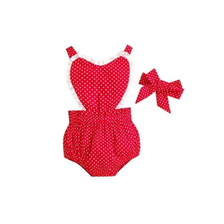 

Bebiullo Newborn Infant Baby Girls Valentine s Day Outfit Dot Print Sleeveless Backless Romper Jumpsuit Headband Clothes Red
