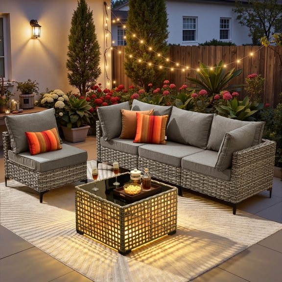 Ovios 5 Pieces Outdoor Patio Furniture Set PE Wicker Rattan Sofa Set with Solar Table, Dark Gray